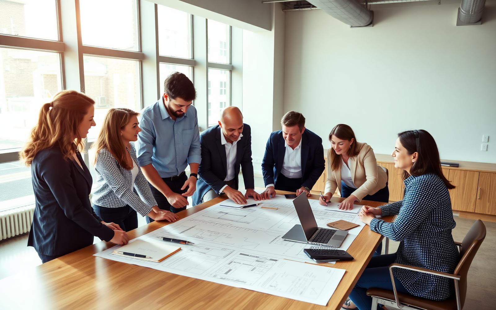Team of engineers and consultants reviewing project drawings